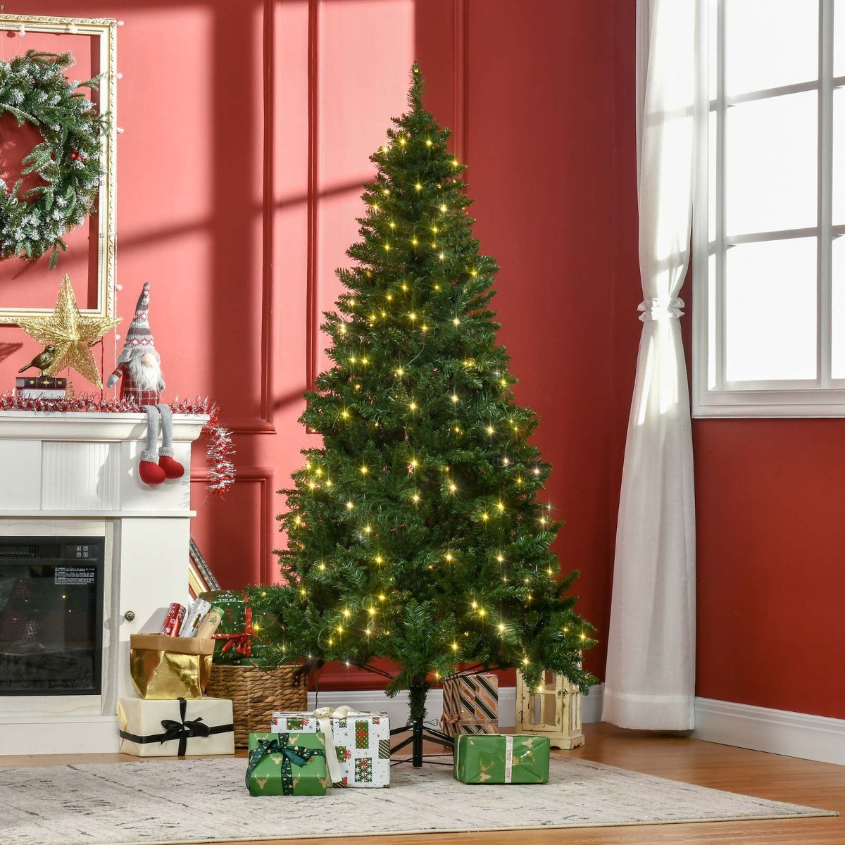 OHS Pre-Lit Artificial Christmas Tree With Warm White LED Lights, Green ...