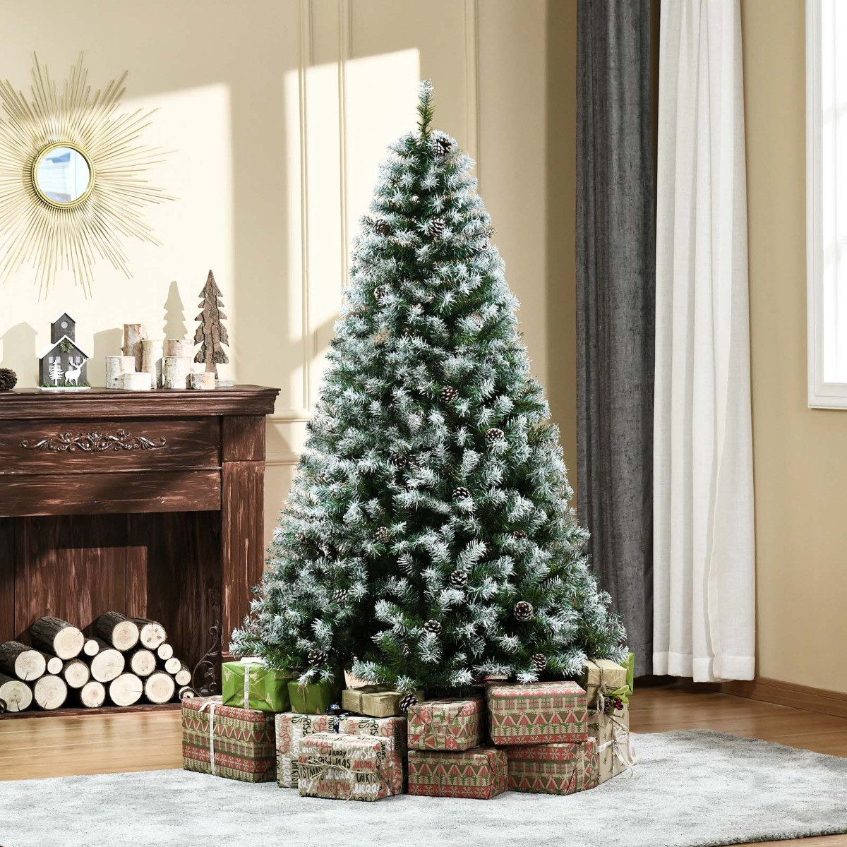 OHS Artificial Frosted Tips Christmas Tree With Pine Cones, Green - 6ft>