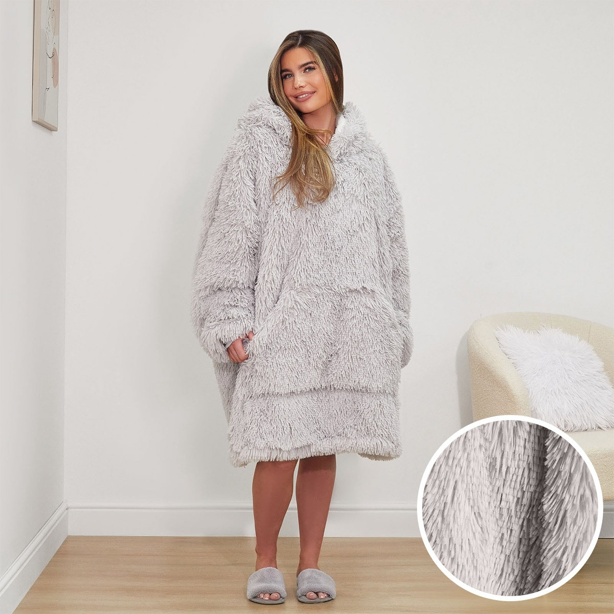 Sienna Fluffy Hoodie Blanket - Silver>