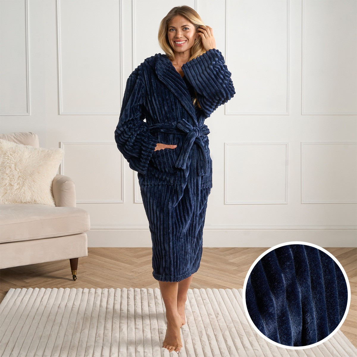 OHS Ribbed Fleece Dressing Gown, Adults - Navy>