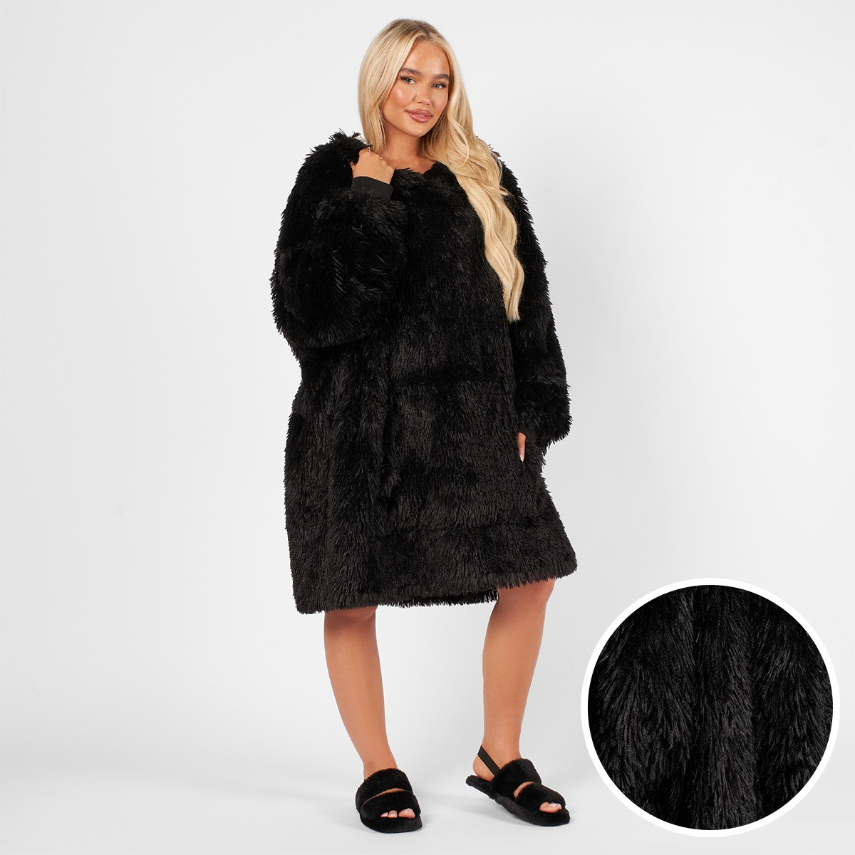 Sienna Fluffy Hoodie Blanket, Adults - Black>