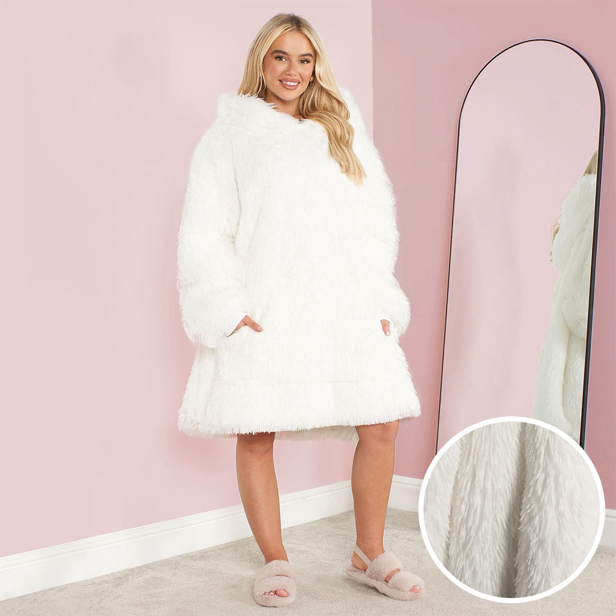 Sienna Fluffy Hoodie Blanket, Adults - White>