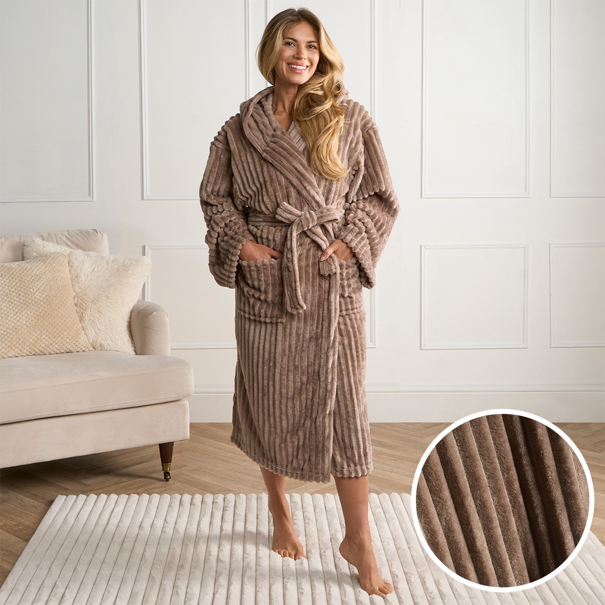 OHS Ribbed Fleece Dressing Gown, Adults - Mink Brown >