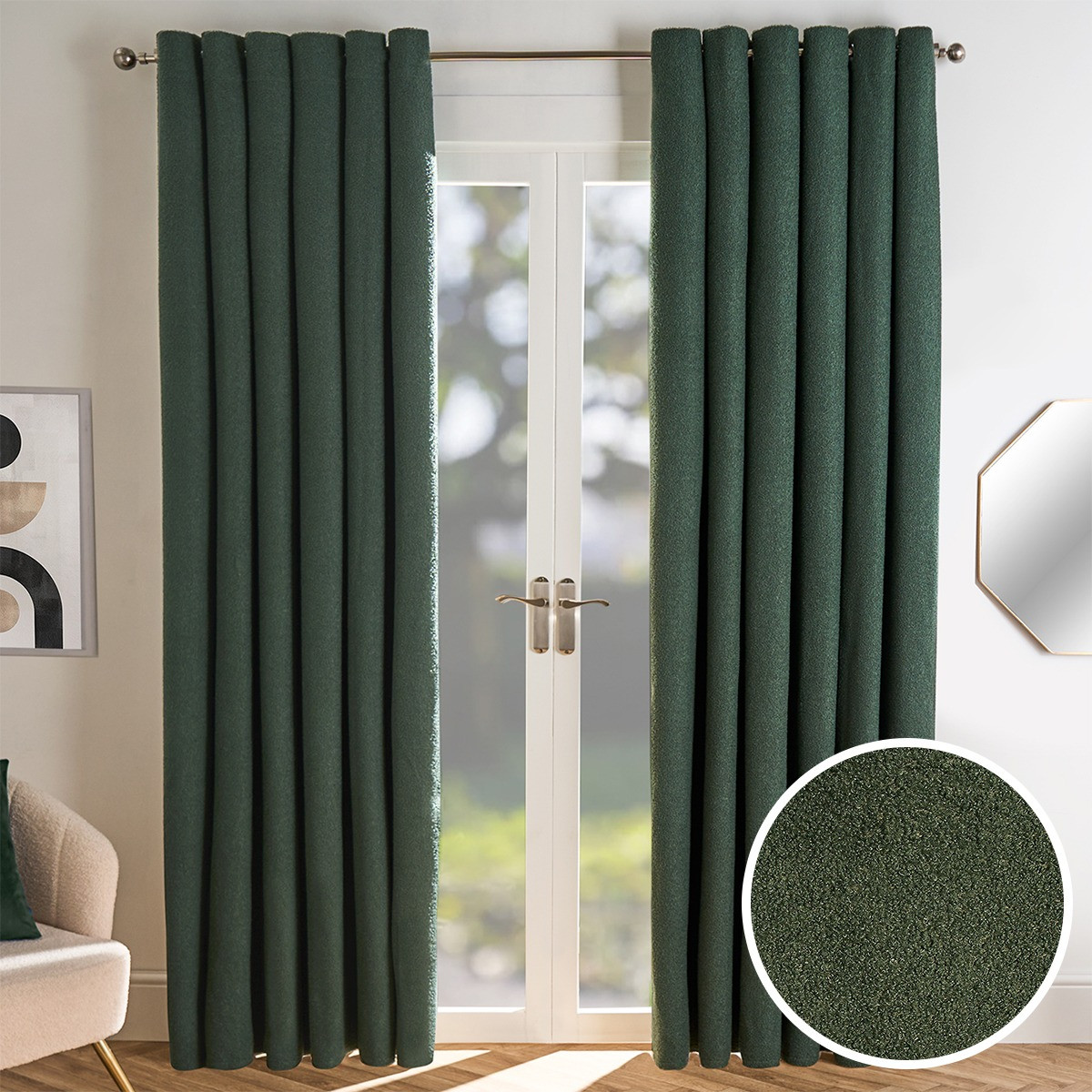 OHS Bouclé Eyelet Curtains, Forest Green - 66 x 54">