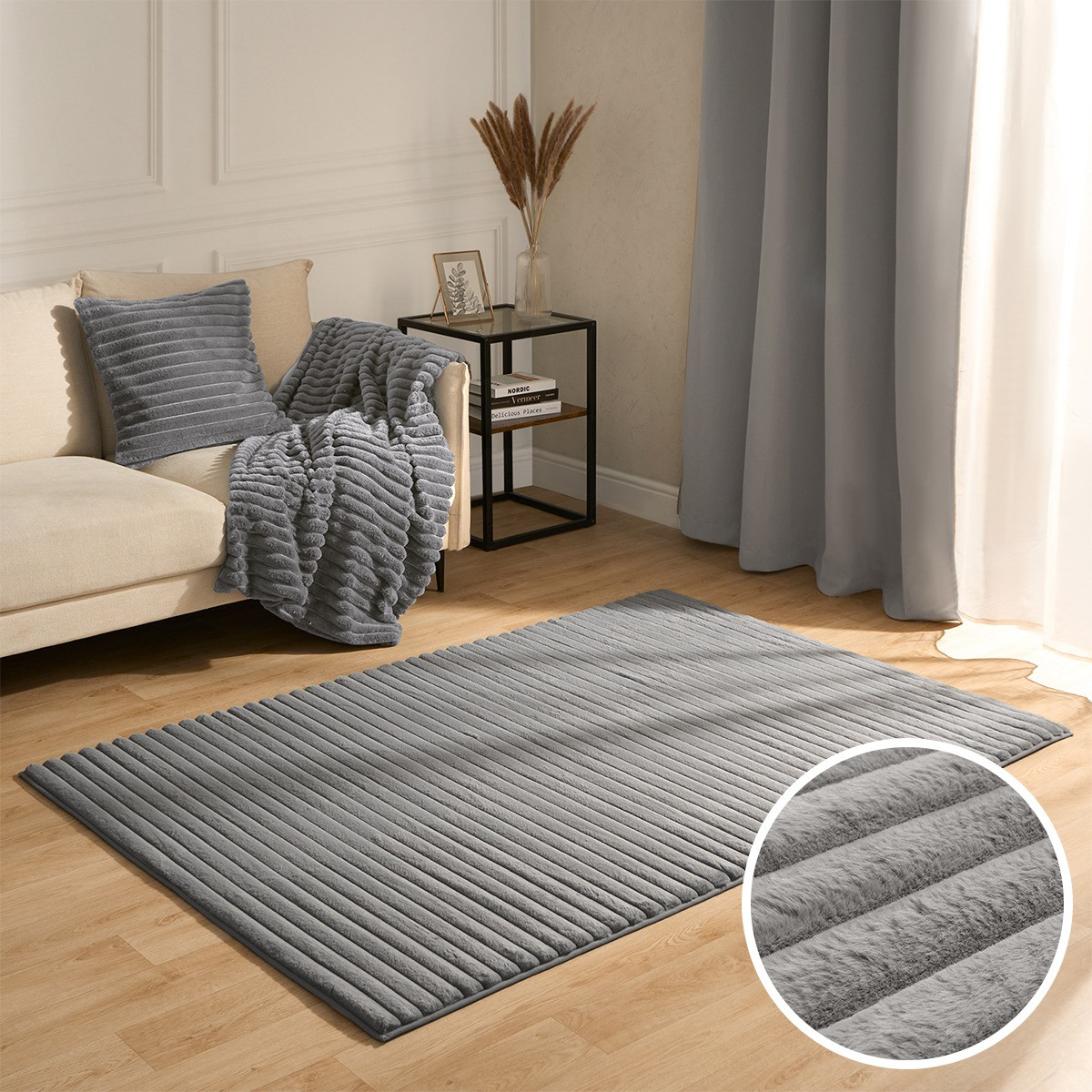 OHS Faux Fur Ribbed Rug - Grey>