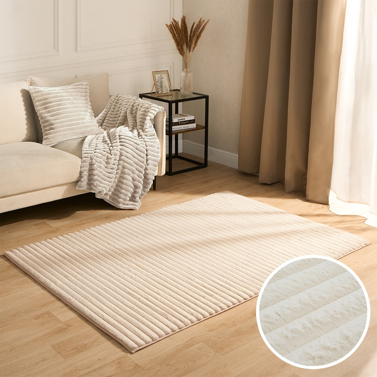 OHS Faux Fur Ribbed Rug - Natural>