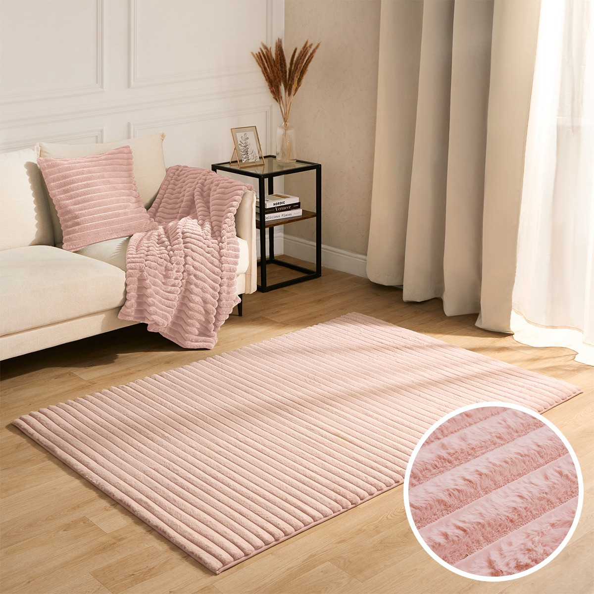 OHS Faux Fur Ribbed Rug, Blush - 120 x 170cm>