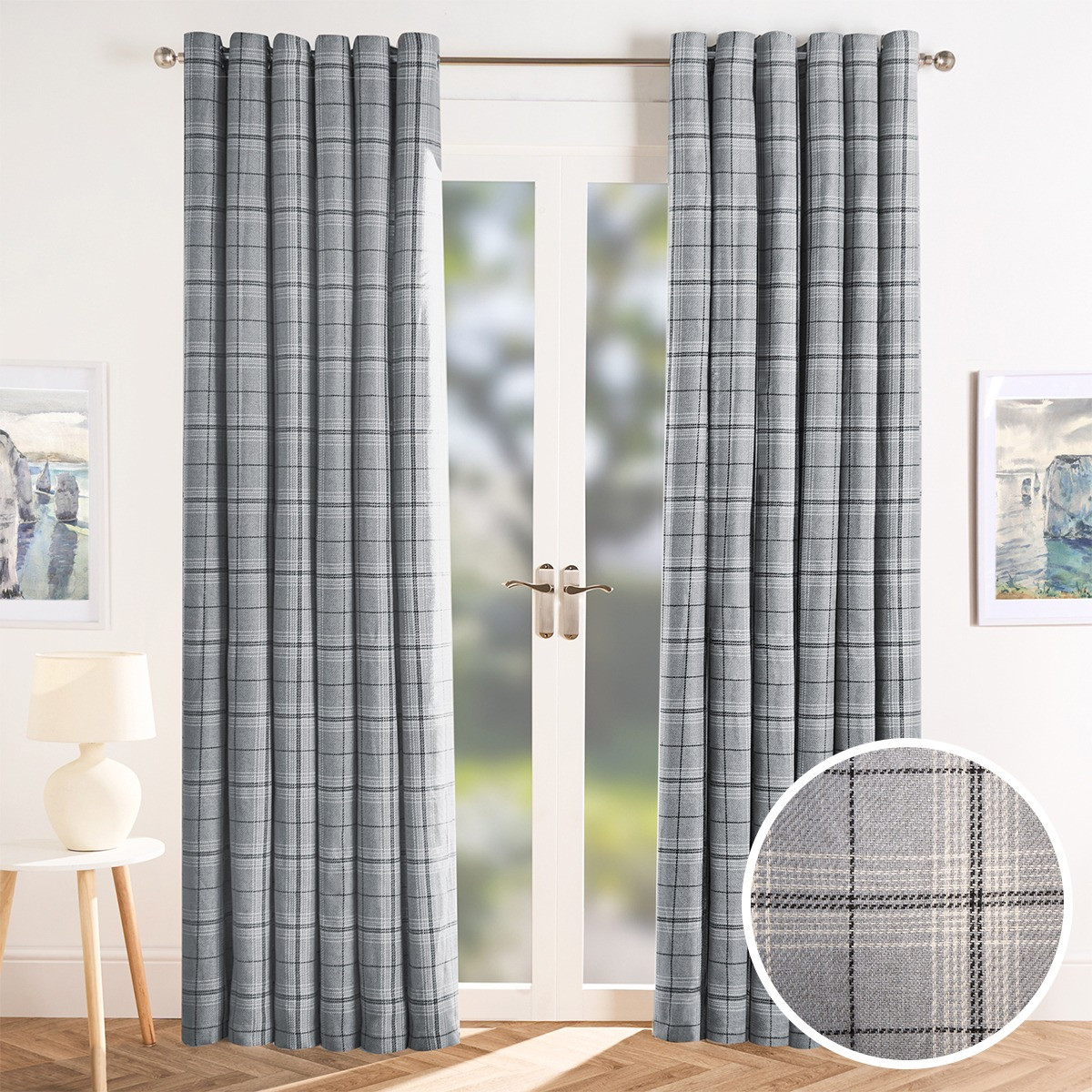 OHS Woven Texture Check Print Eyelet Blackout Curtains, Grey - 46 x 72">