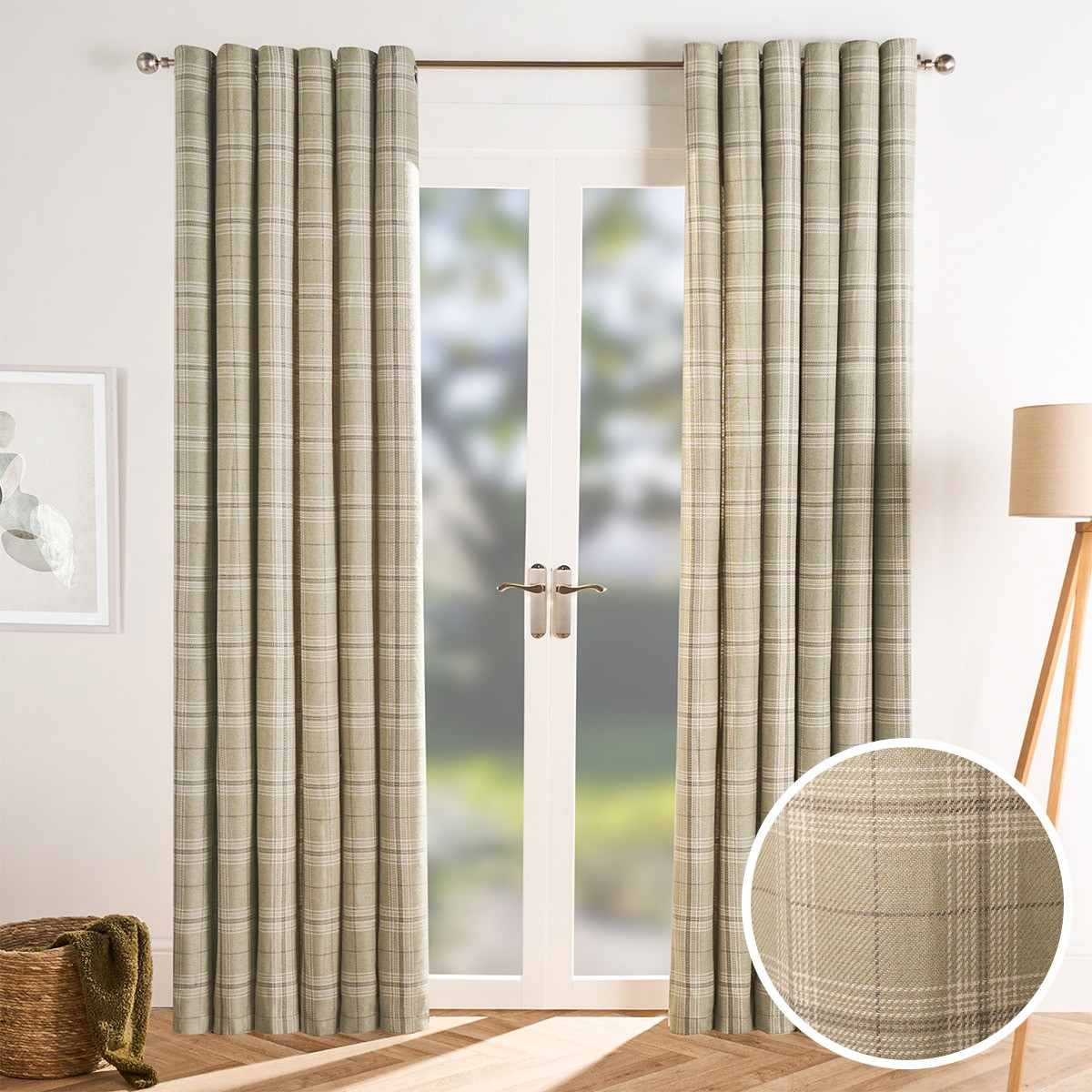 OHS Woven Texture Check Print Eyelet Blackout Curtains, Sage - 46 x 72">