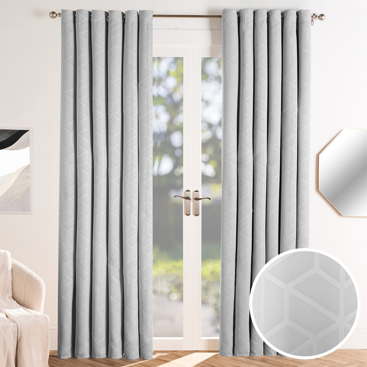 OHS Eyelet Geometric Embossed Blackout Curtains - Silver>