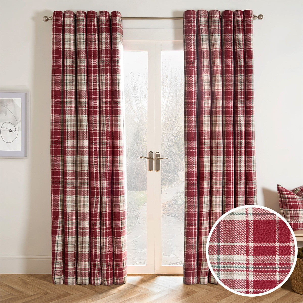 OHS Woven Check Eyelet Curtains, Dorset Red - 46 x 72">