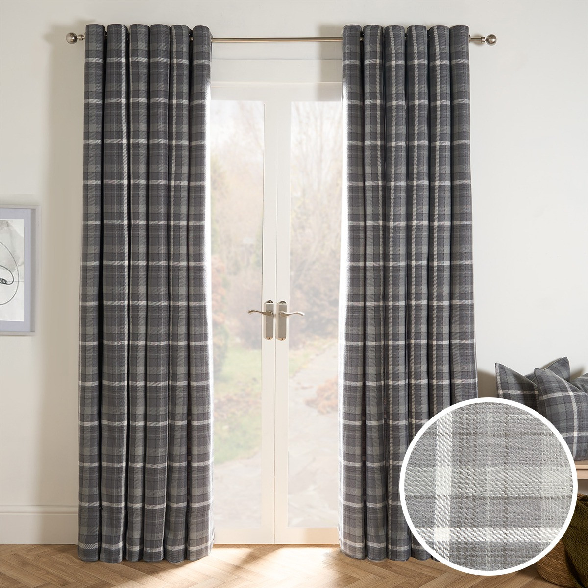 OHS Woven Check Eyelet Curtains - Winsford Charcoal>