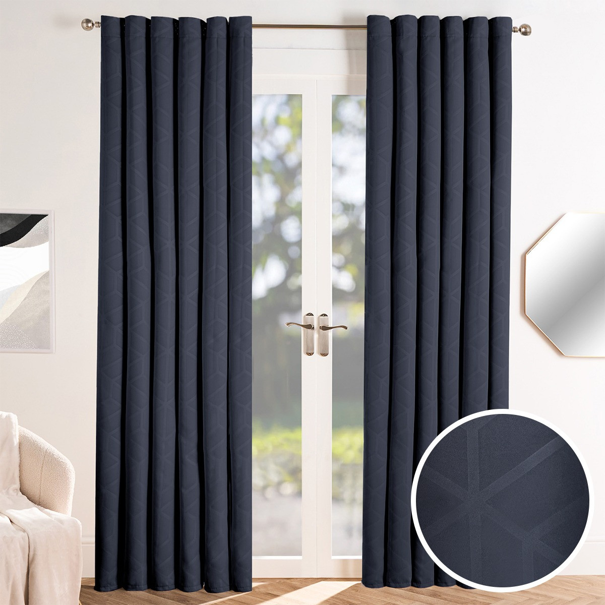 OHS Eyelet Geometric Embossed Blackout Curtains - Navy >