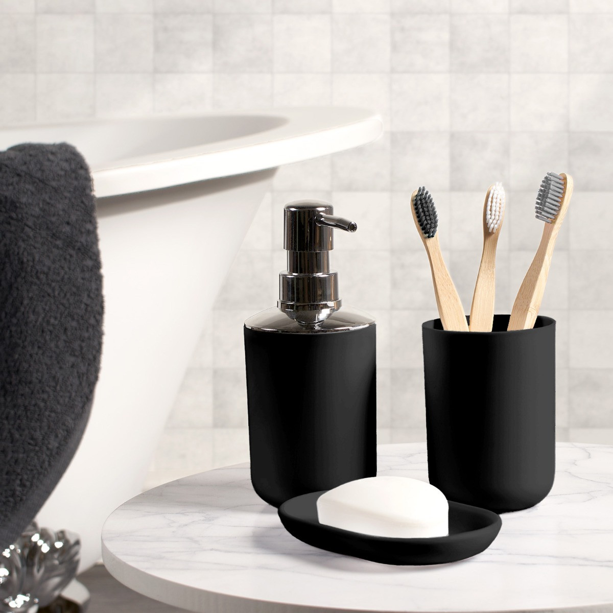 OHS 4 Piece Bathroom Accessories Set - Black>