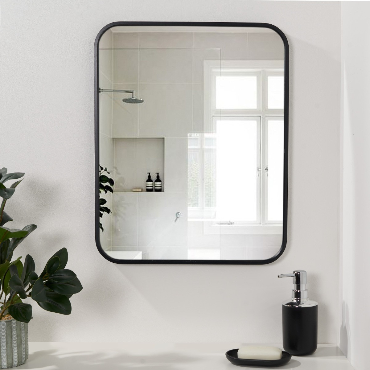 OHS Framed Bathroom Wall Vanity Mirror - Black>