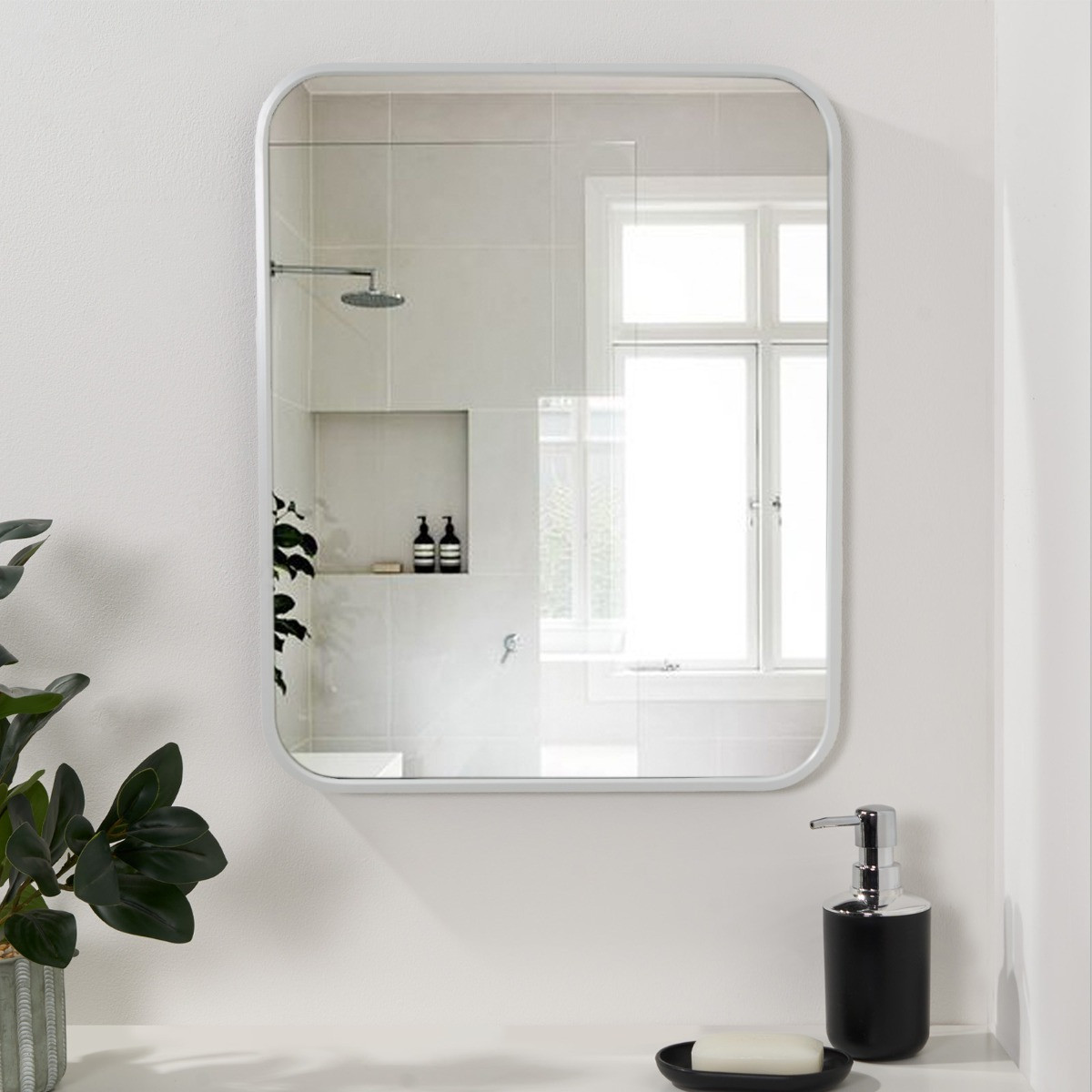 OHS Framed Bathroom Wall Vanity Mirror - White >