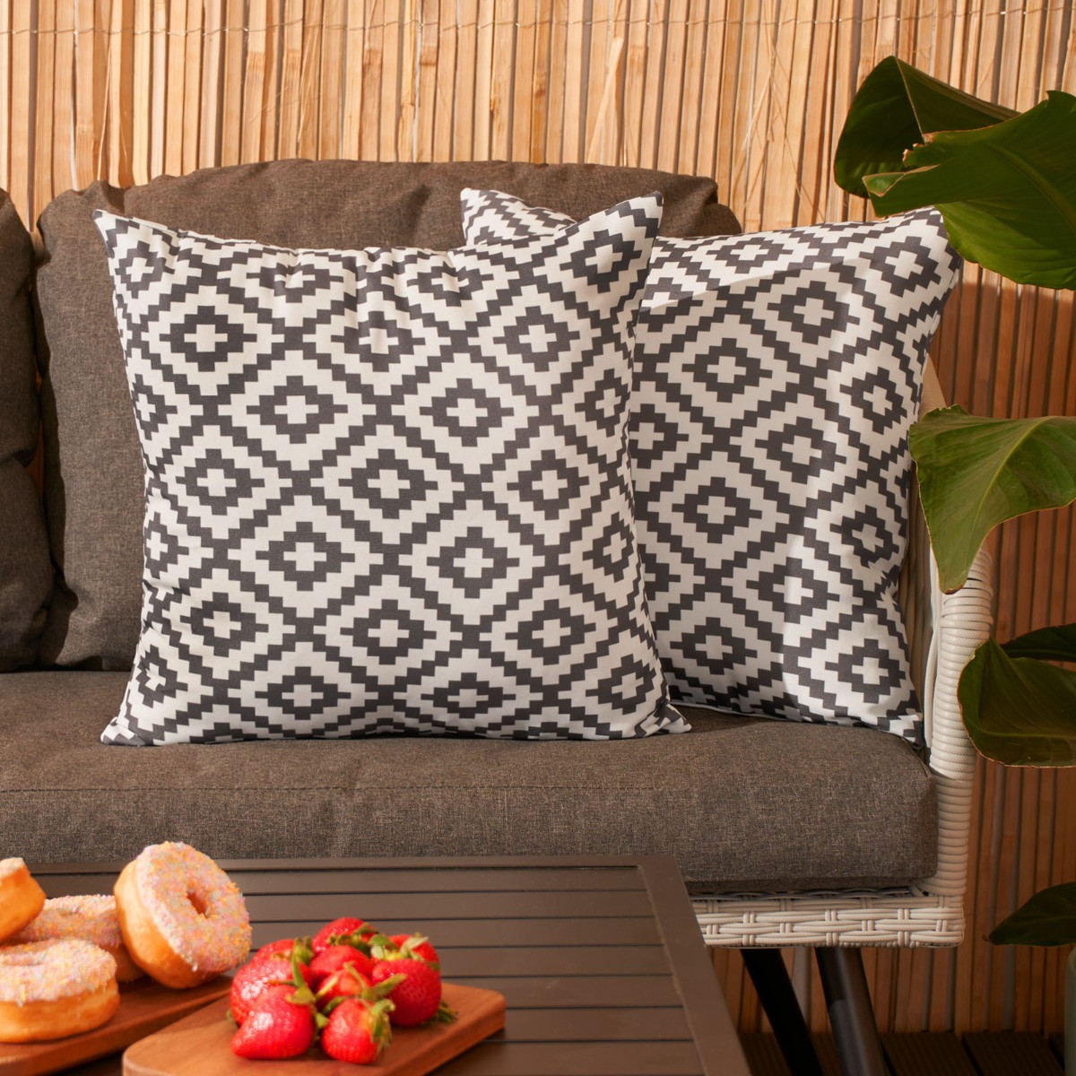 Brentfords 2 Pack Geo Print Water Resistant Outdoor Cushion Covers, Grey/White - 45 x 45cm>