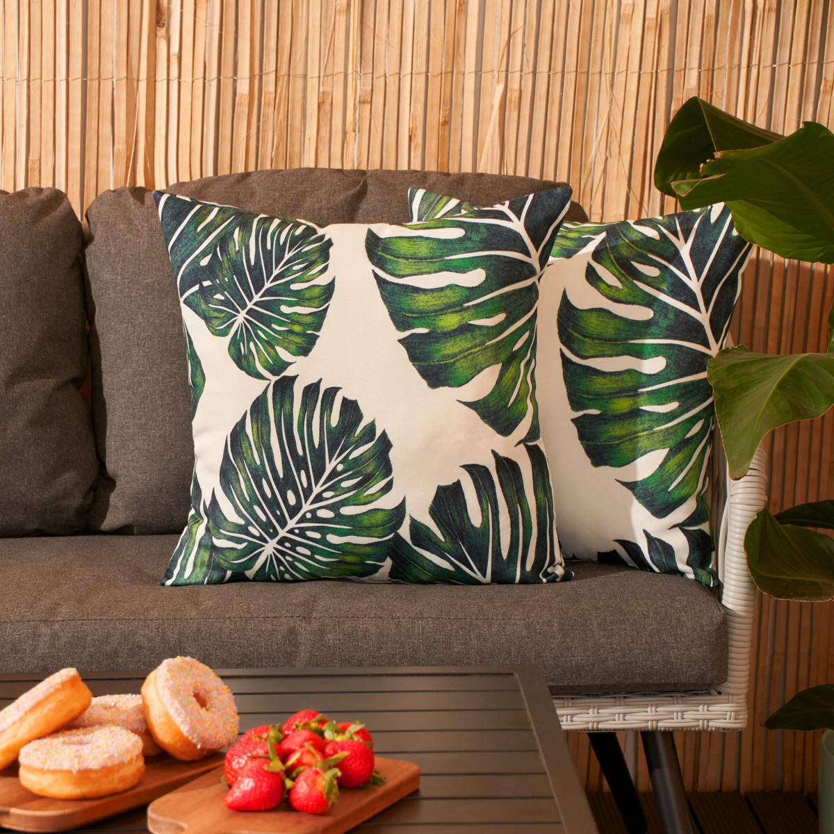 Brentfords 2 Pack Tropical Print Water Resistant Outdoor Cushion Covers, Green/White - 45 x 45cm>