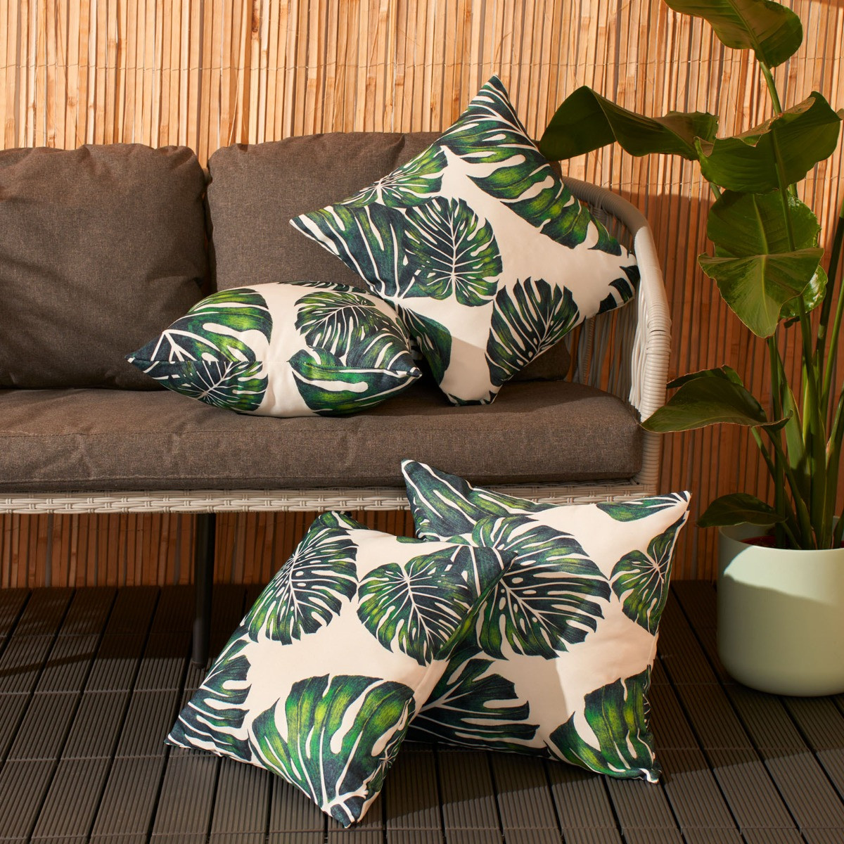 Brentfords 2 Pack Tropical Print Water Resistant Outdoor Cushion Covers, Green/White - 45 x 45cm>