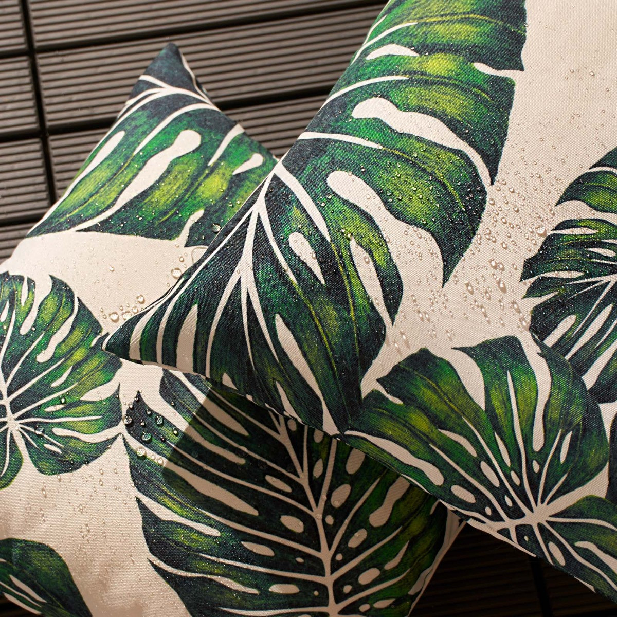 Brentfords 2 Pack Tropical Print Water Resistant Outdoor Cushion Covers, Green/White - 45 x 45cm>