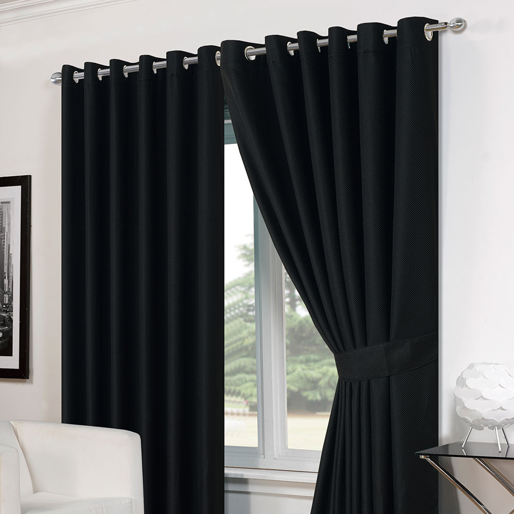 Luxury Basket Weave Lined  Eyelet Curtains with Tiebacks - Black 90"x72">