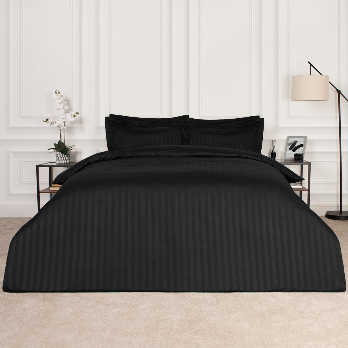 Brentfords Satin Stripe Duvet Cover King Size Set - Black>
