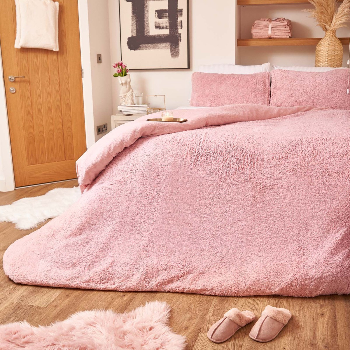 Brentfords Teddy Fleece Sherpa Reverse Duvet Cover Set Blush Double