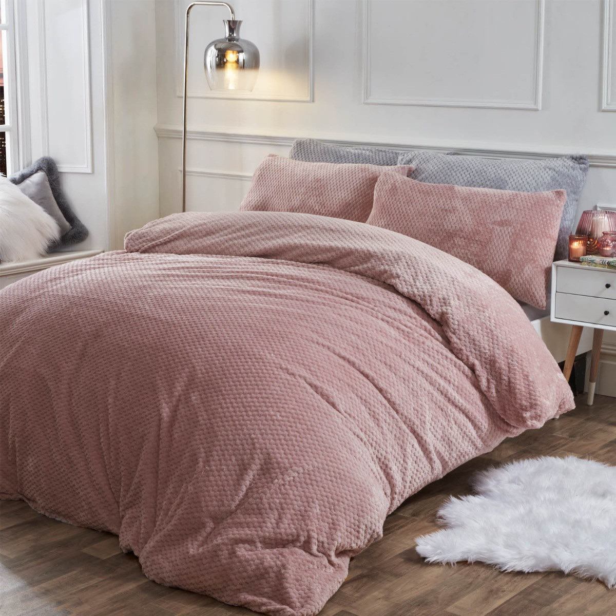 Brentfords Waffle Fleece Duvet Cover Set, Blush Pink - Single>