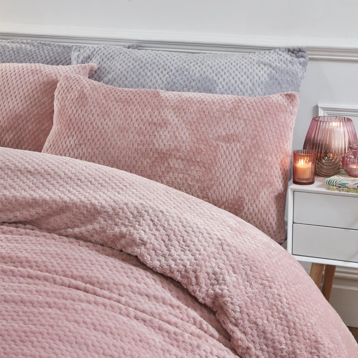 Brentfords Waffle Fleece Duvet Cover Set, Blush Pink - Single>