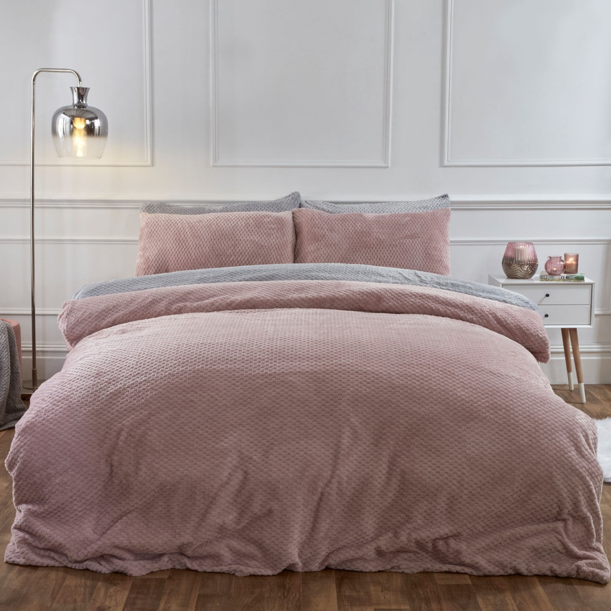 Brentfords Waffle Fleece Duvet Cover Set, Blush Pink - Single>