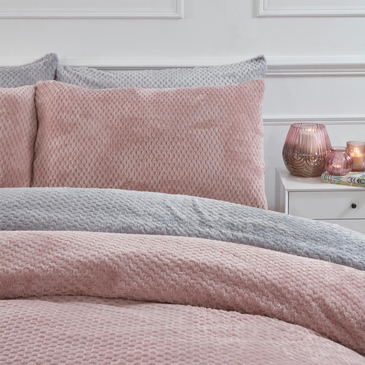 Brentfords Waffle Fleece Duvet Cover Set, Blush Pink - Single>