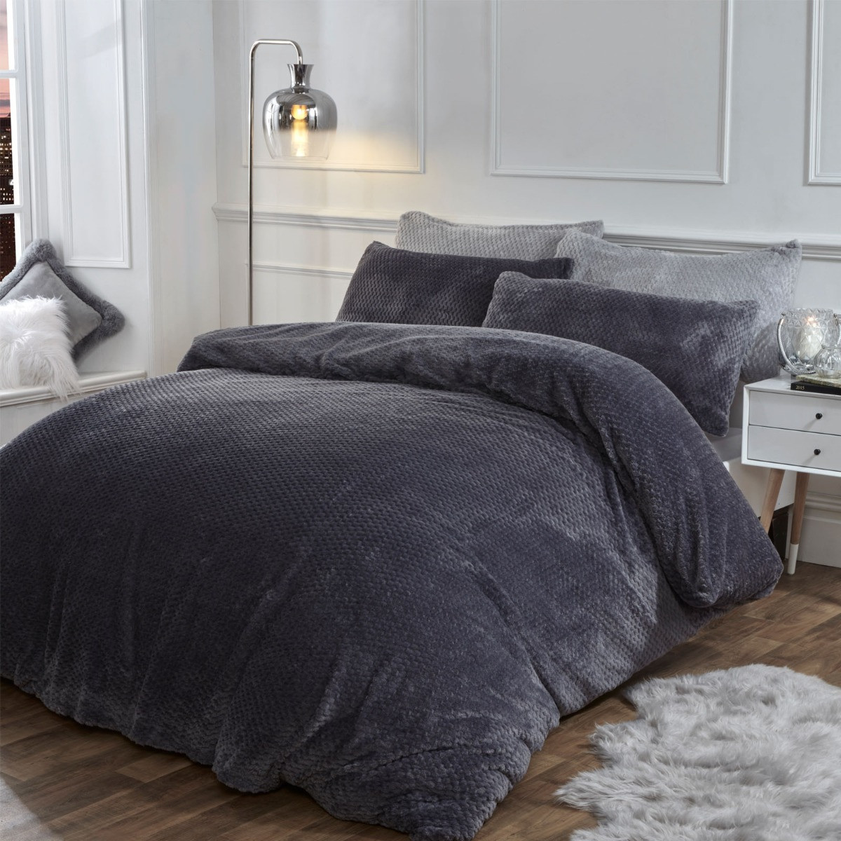 Brentfords Waffle Fleece Duvet Cover Set, Charcoal Grey - Single>