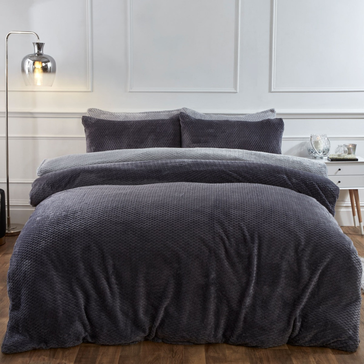 Brentfords Waffle Fleece Duvet Cover Set, Charcoal Grey - Single>