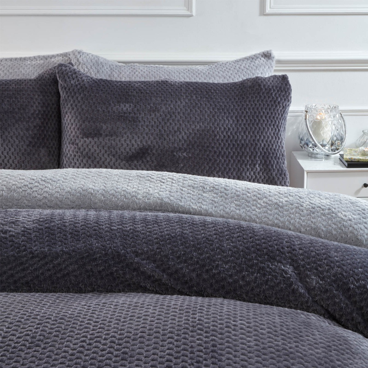 Brentfords Waffle Fleece Duvet Cover Set, Charcoal Grey - Single>