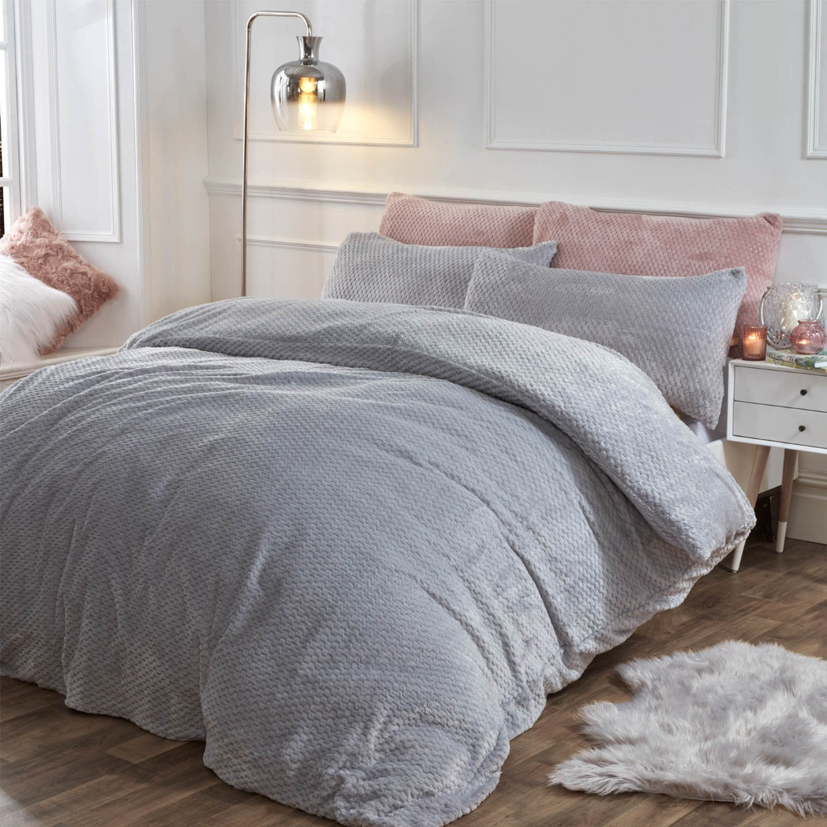 Brentfords Waffle Fleece Duvet Cover Set, Silver Grey - Double>