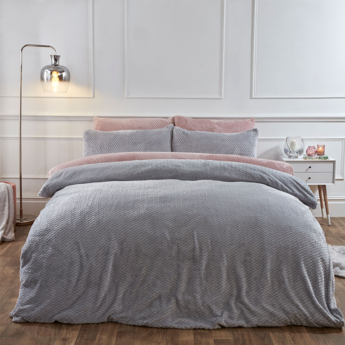 Brentfords Waffle Fleece Duvet Cover Set, Silver Grey - Double>