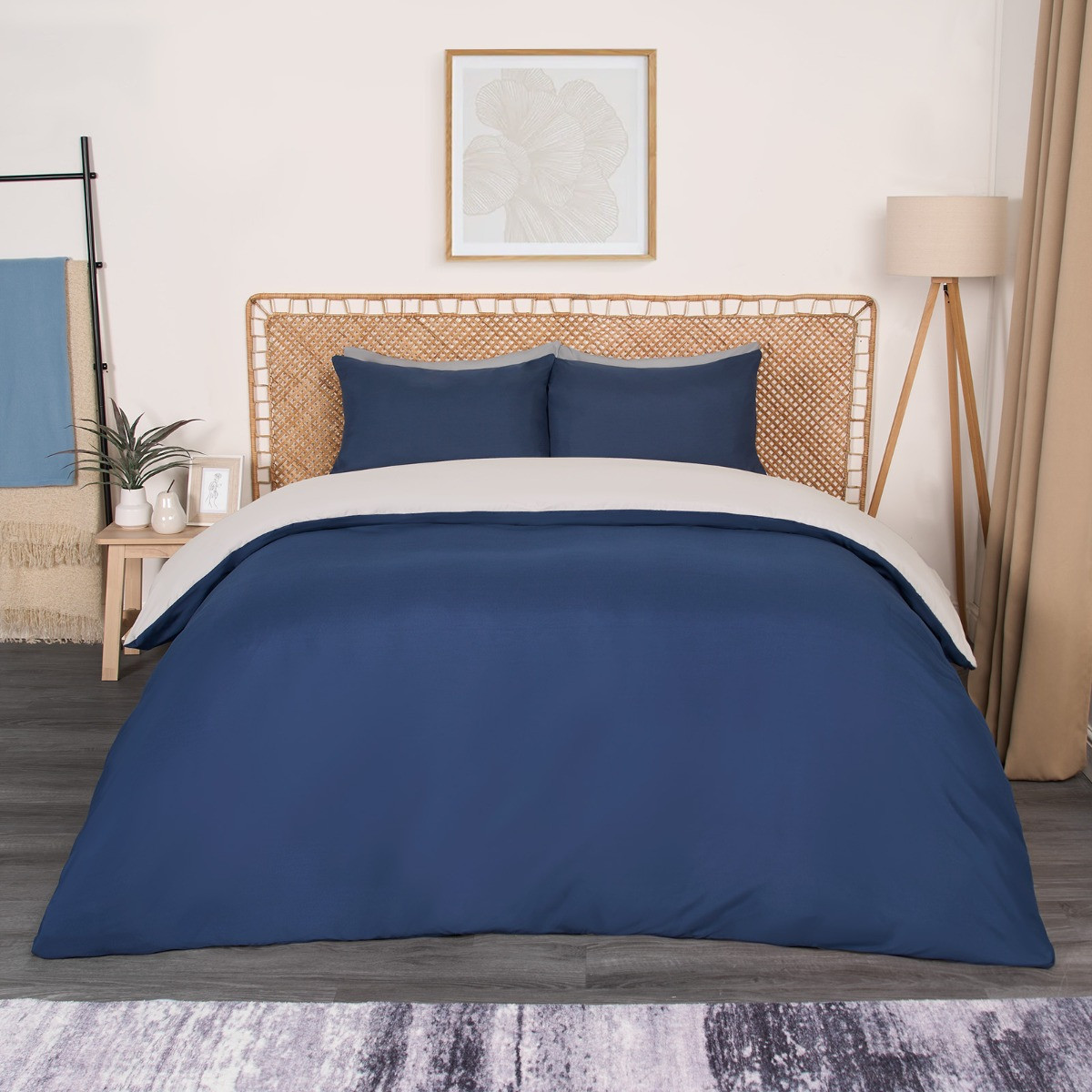 Brentfords Reversible Duvet Cover Set, Navy/Grey - Double>