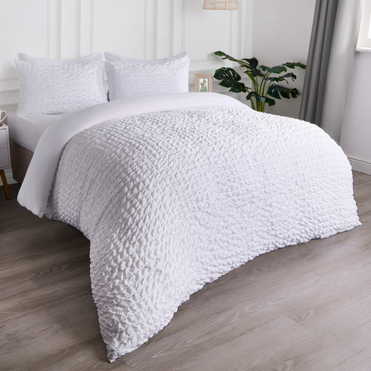 OHS Geometric Seersucker Duvet Set, White - Double>