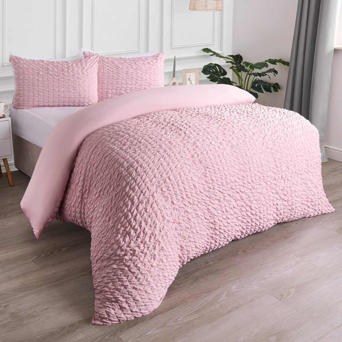 OHS Geometric Seersucker Duvet Set, Blush - Double>