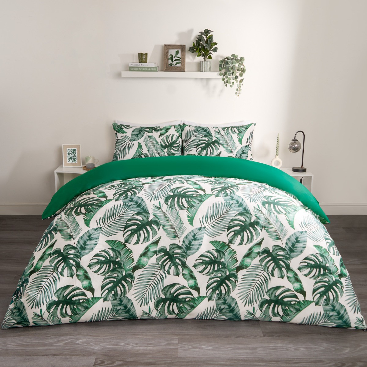 OHS Tropical Leaf Duvet Set, Forest Green - Double>