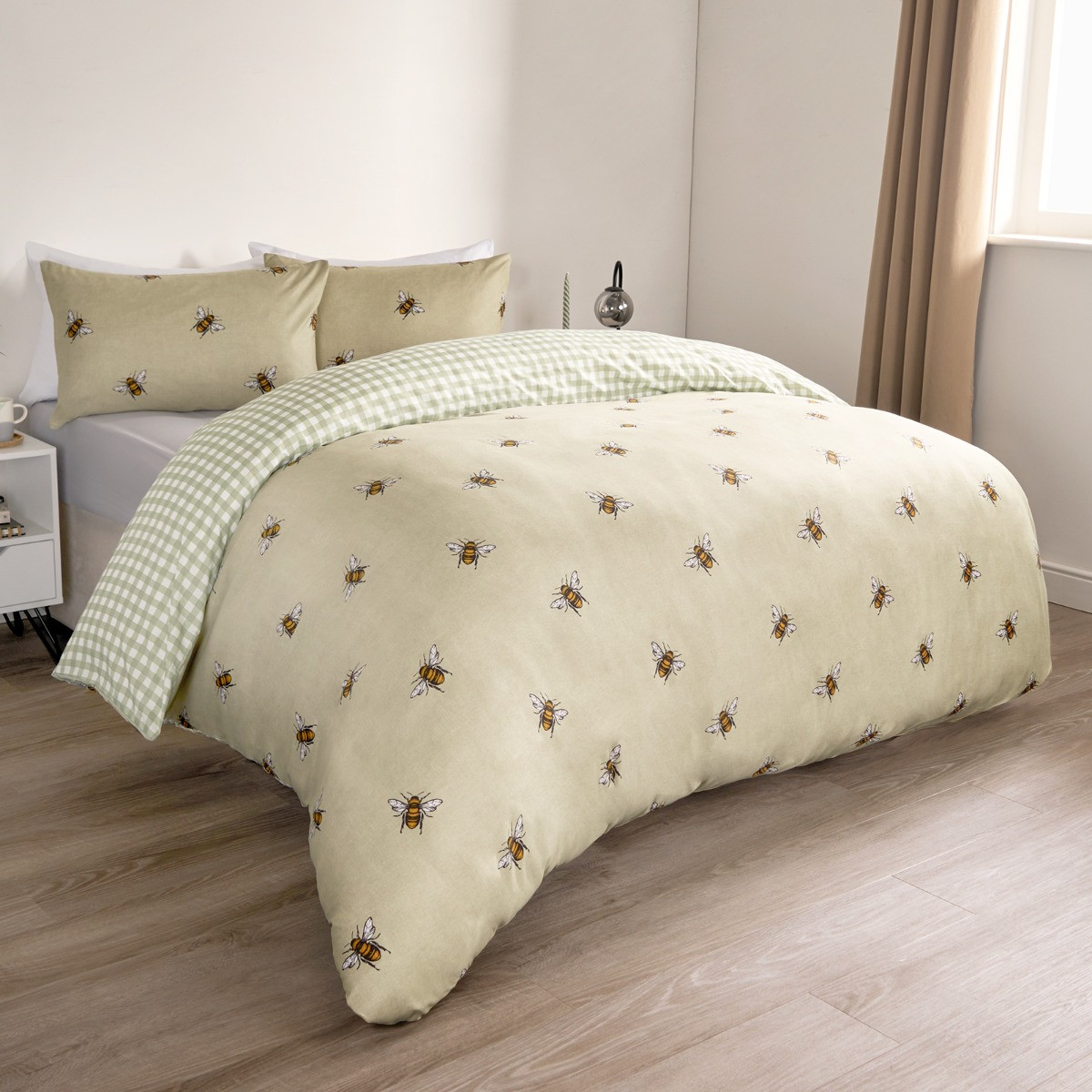 OHS Bee Print Reversible Gingham Duvet Set, Sage - King>
