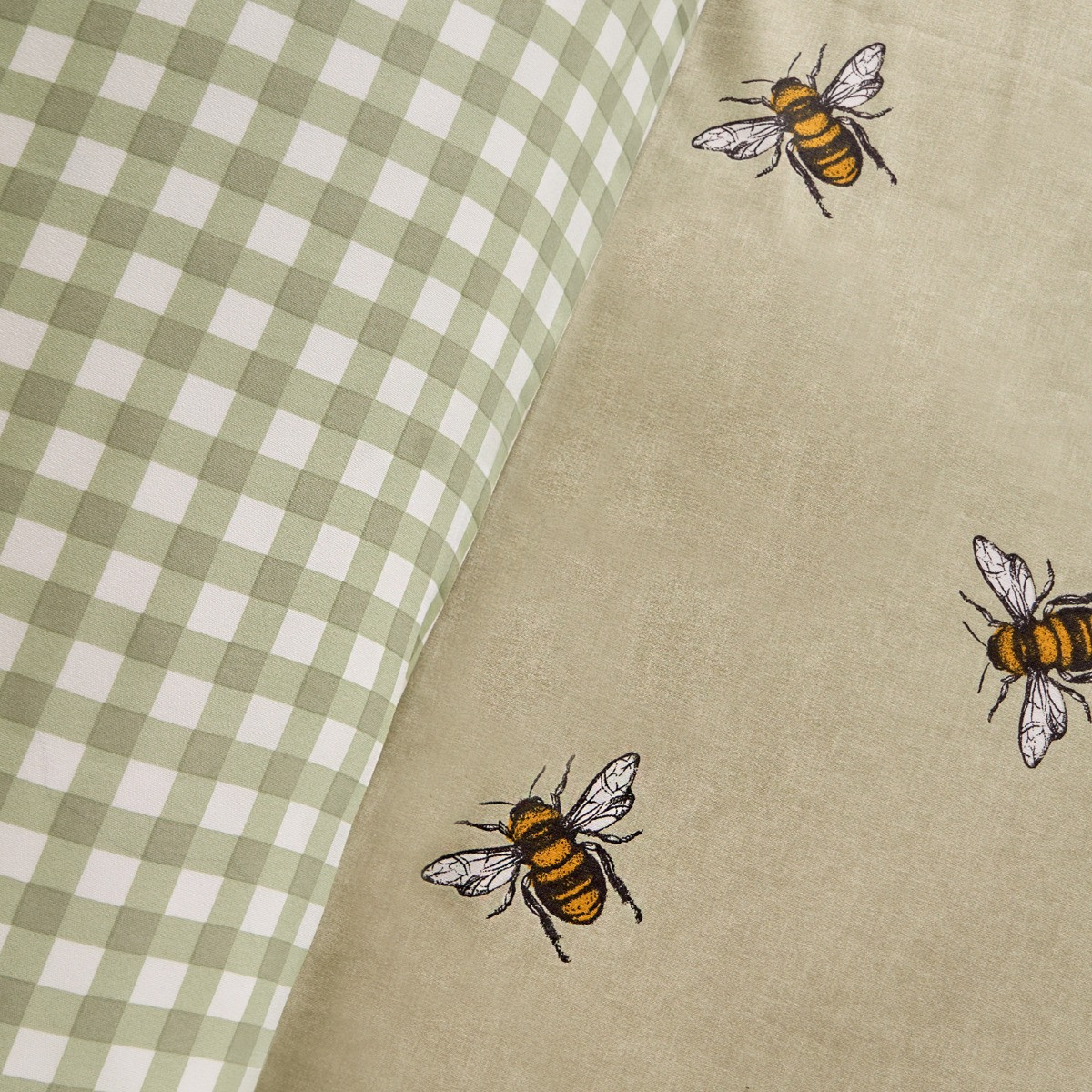 OHS Bee Print Reversible Gingham Duvet Set, Sage - King>