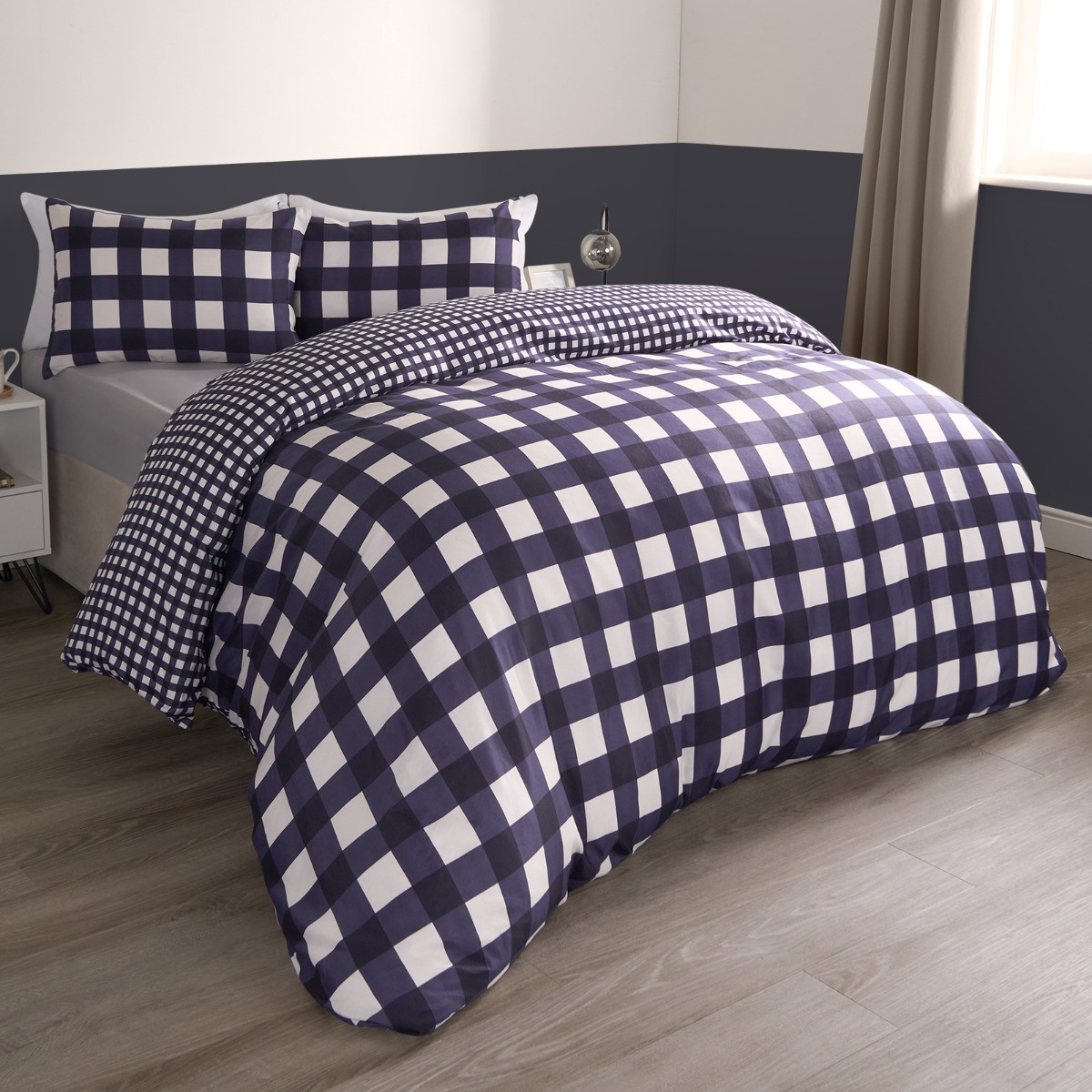 OHS Gingham Duvet Cover Sets 2 Pack - Navy & Grey>