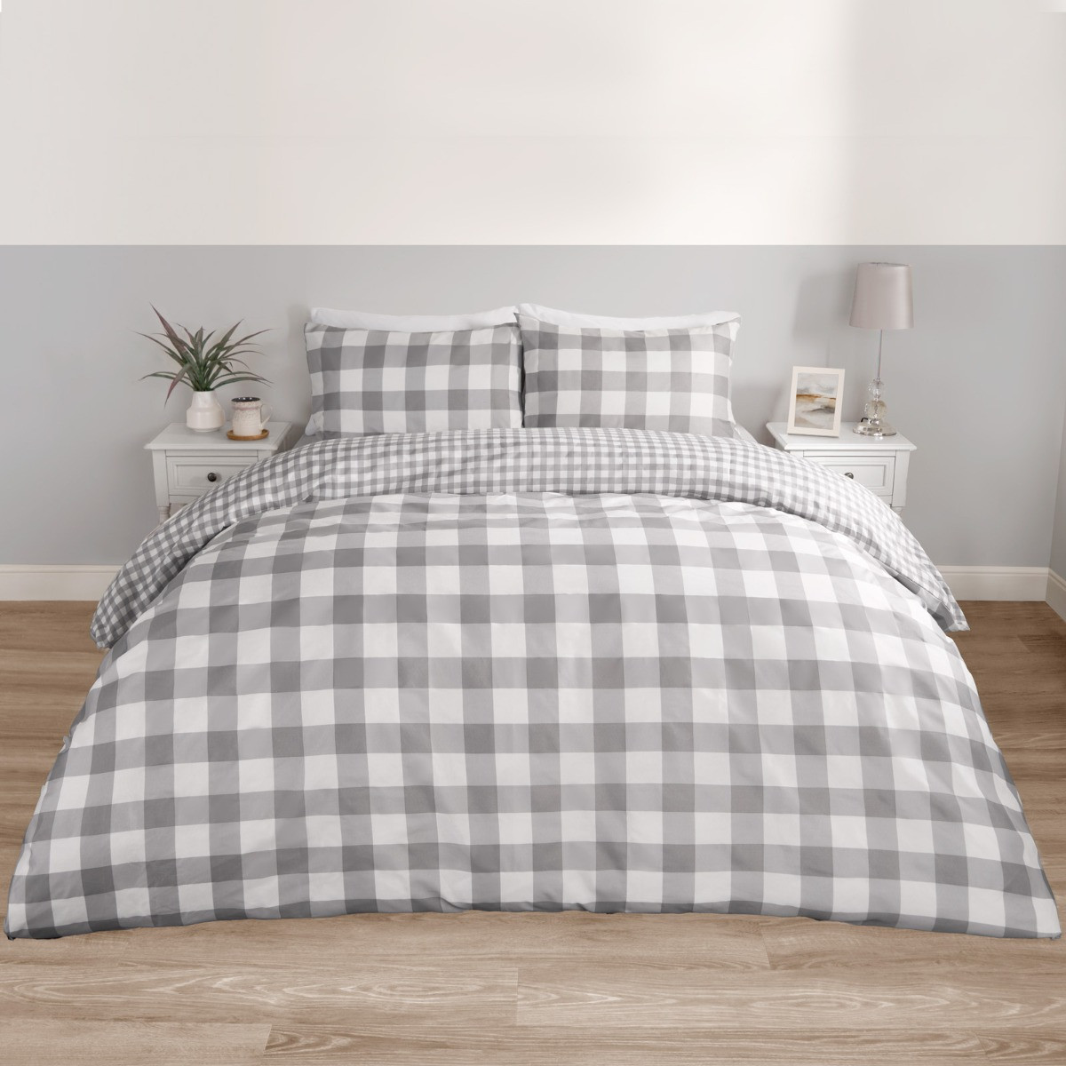 OHS Gingham Duvet Set, Grey - Double>