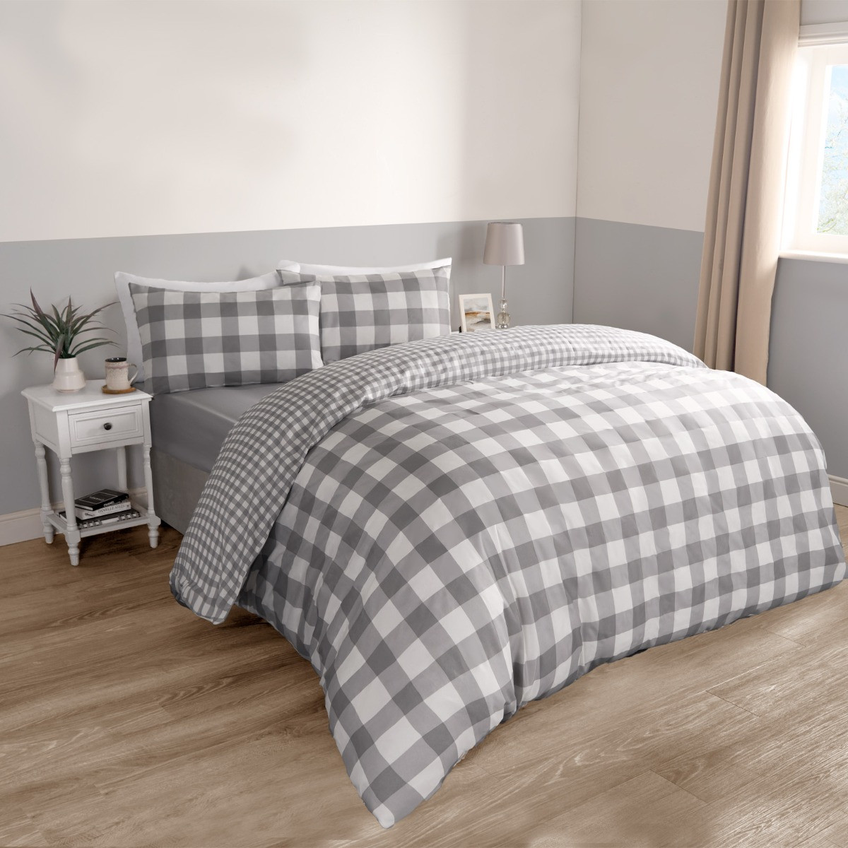 OHS Gingham Duvet Set, Grey - Double>