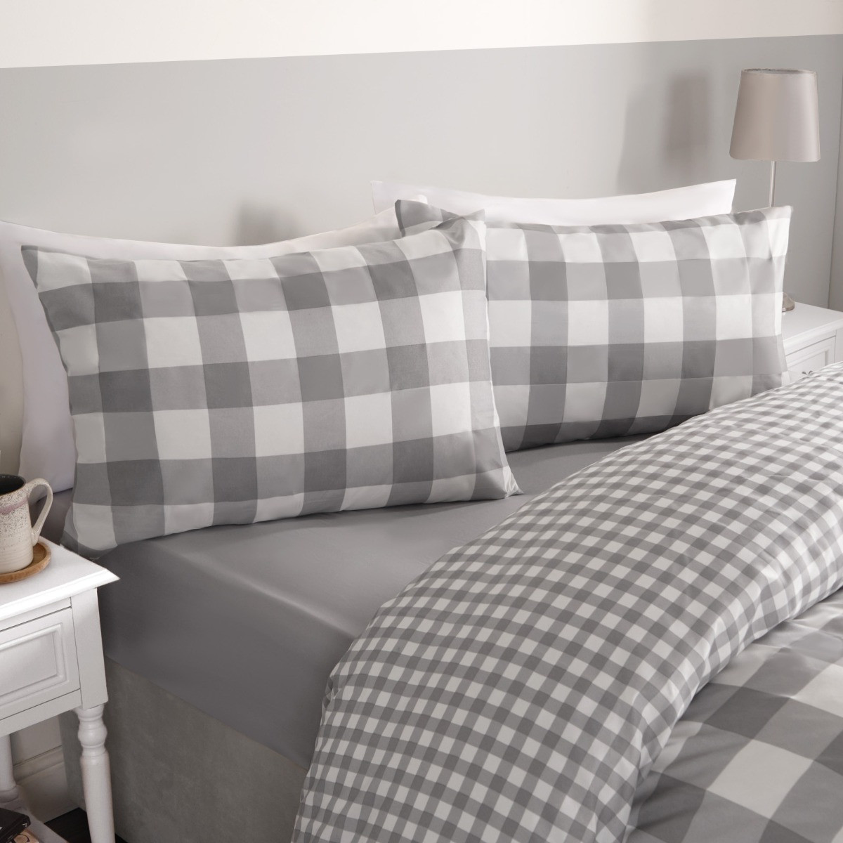 OHS Gingham Duvet Set, Grey - Double>