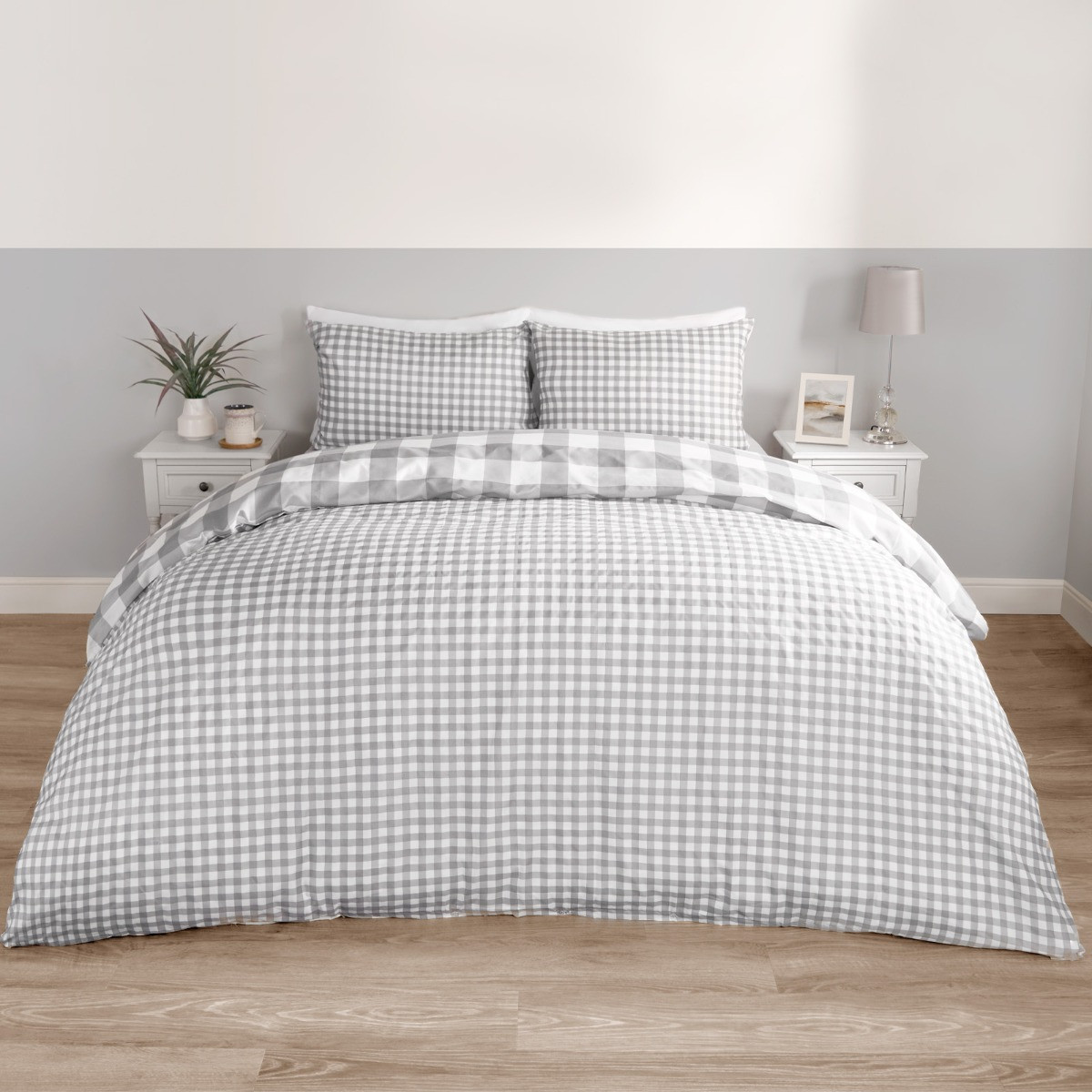 OHS Gingham Duvet Set, Grey - Double>