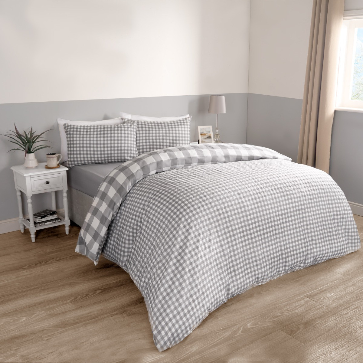 OHS Gingham Duvet Set, Grey - Double>