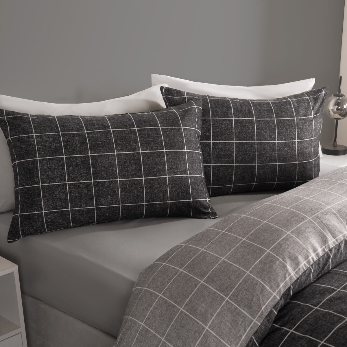 OHS Fine Line Check Duvet Cover Sets 2 Pack - Charcoal Black & Navy Grey>