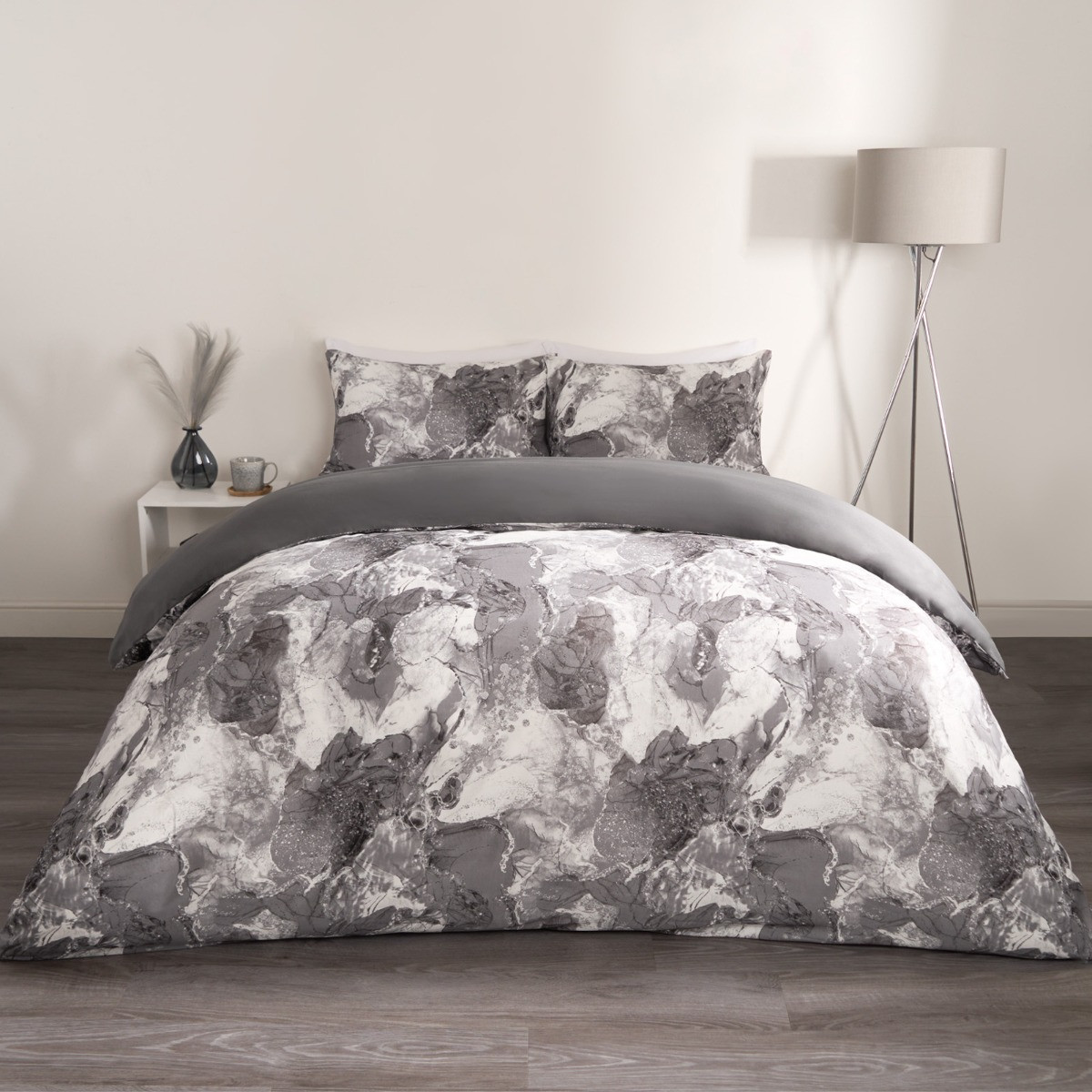 OHS Marble Print Duvet Set - Grey/White>